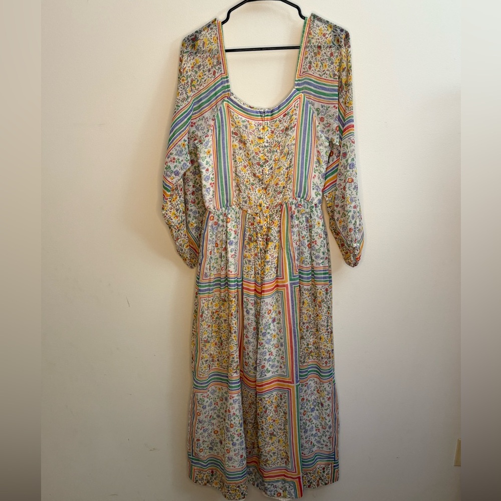 VINTAGE!-{Rainbow of California}-Size: S-Floral Multicolor Dress with Red Belt - Picture 4 of 9